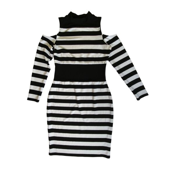 Bold Elements Striped Black & White Cold-Shoulder Bodycon Dress Large Sexy Y2K - Picture 1 of 6